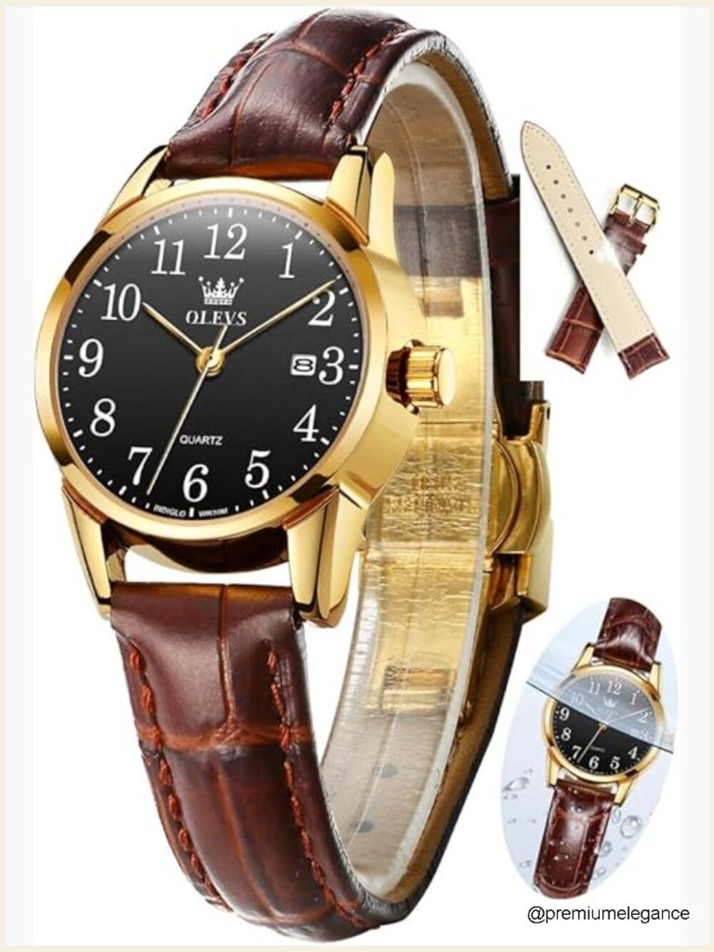 Women's Leather Watch, Brown Band Analog Quartz, Easy Read Arabic Numerals,